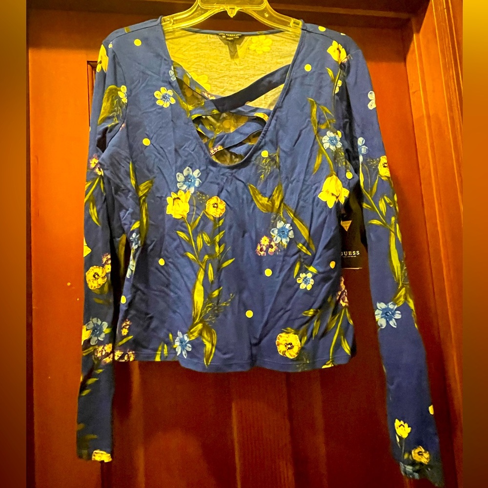 Long Sleeve Guess Blue Floral Shirt with Criss-across front Detail